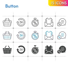 button icon set. included newsletter, 24-hours, chat, shopping-basket, shopping basket, stopwatch icons on white background. linear, bicolor, filled styles.