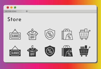 store icon set. included shopping bag, shirt, shopping cart, closed, warranty icons on white background. linear, filled styles.