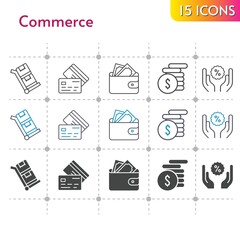 commerce icon set. included wallet, money, discount, credit card, trolley icons on white background. linear, bicolor, filled styles.