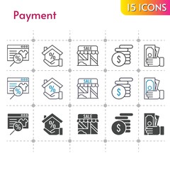 payment icon set. included online shop, mortgage, shop, money icons on white background. linear, bicolor, filled styles.