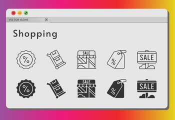 shopping icon set. included sale, shop, price tag, discount, trolley icons on white background. linear, filled styles.
