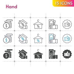 hand icon set. included mortgage, money, towel, like icons on white background. linear, bicolor, filled styles.