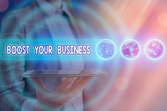 Word writing text Boost Your Business. Business photo showcasing Suitable for web Landing page, web page design to increase profit Futuristic icons solar system. Elements of this image furnished by