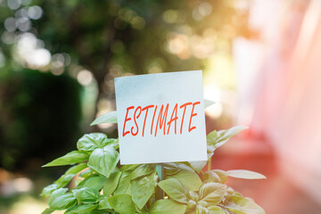 Writing note showing Estimate. Business concept for calculate or assess approximately the value...