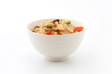 枝豆と筍の炊き込み 五目 おこわ ご飯 白背景