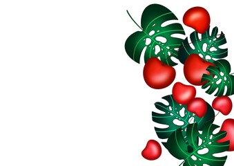 Monstera leaves and cherry berries on a white background. Free place. Summer background.