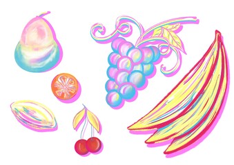 Different fruits on a white background. Bananas, grapes, orange and pear, lemon, cherry.