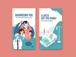 Instagram design illnesses concept with people and doctor characters in hospital watercolor vector illustration