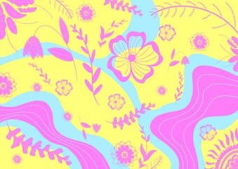 Pink flowers and leaves on a yellow background. Floral natural background.