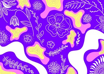 White flowers, leaves and herbs on a lilac background. Floral background.