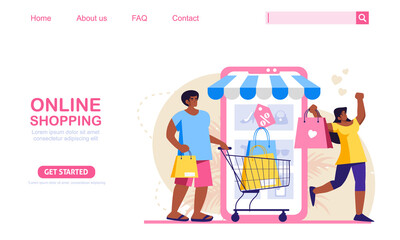 A man and woman shop with summer discount at mobile application store. Online shopping concept, perfect for web design, banner, mobile app or landing page. Scalable and editable vector illustration.