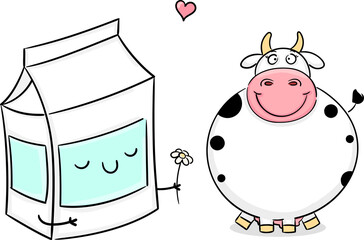 Hand drawn Funny smiling cow and a carton of milk. Animal wildlife cartoon character. Sketch Vector illustration for t-shirt design, Cute Sticker, fashion print, graphic Greeting cards, posters, print
