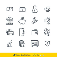 Set of Money Related Icons / Vectors - In Line / Stroke Design | Contains Such Money, Bank, Coin, Piggy Bank, Saving, Credit Card, Wallet, Currnecy Exchange, Investment, Safety Box, Mobile Payment