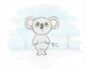 Hand drawn koala cartoon character. Animal koala bear  sad. Ecological disaster in Australia.  Vector illustration sketch for t shirt design, Cute Sticker, fashion print, graphic Greeting card.