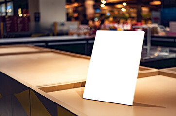 mockup of a food menu list stand on wooden table inside restaurant with people and family sitting...