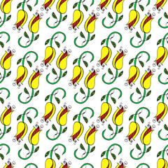 Hand-drawn exotic yellow flower seamless pattern. Doodle children pattern.