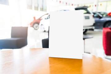 Obraz na płótnie Canvas Mock up poster board stand on sales promotion advertisement sign white display on table in car show room, payment QR code signboard for customer deals announcement branding presentation marketing