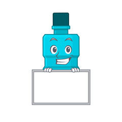 Funny cartoon design style mouthwash standing behind a board