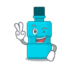 A joyful mouthwash cartoon mascot style show two fingers pose