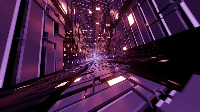 Endless looping. Futuristic spaceship assembly tunnel. Unexplained alien robotic factory. Distant glowing entrance portal. Spaceflight to inner core. mysterious subway. Red lights reflection.