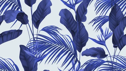 Fototapeten Floral seamless pattern, heliconia flowers with various leaves in blue © momosama