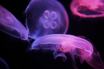 Jellyfish in neon light at an aquarium