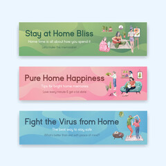 stay at home banner concept with people character make activity  illustration watercolor design