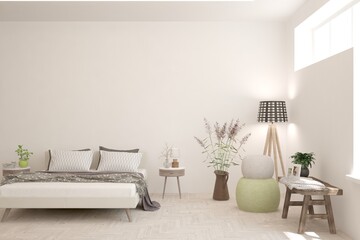 White bedroom interior. Scandinavian design. 3D illustration