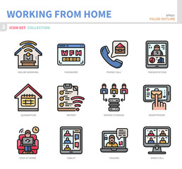 working from home icon set,filled outline style,vector and illustration