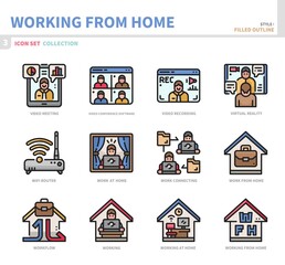 working from home icon set,filled outline style,vector and illustration