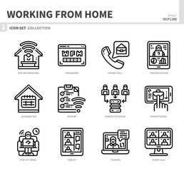 working from home icon set,outline style,vector and illustration