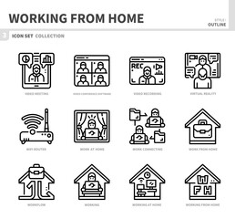 working from home icon set,outline style,vector and illustration