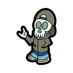 The skull is calmly standing with his hands showing the symbol of peace, good for stickers, t shirts, print, cartoon, gravity art, hip hop 