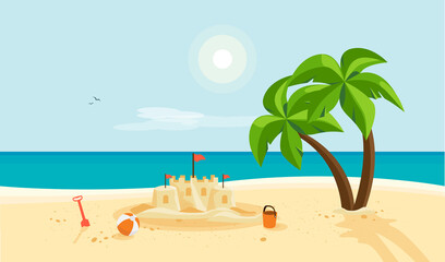 Lonely sand castle on sandy beach with palm tree and blue sea ocean coast line. Clear summer sunny sky in background. Kid toys left near sandcastle on holiday. Cartoon style flat vector illustration. © petovarga