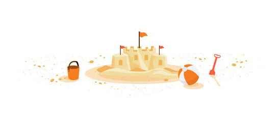 Isolated yellow summer sand castle with children toys bucket shovel ball left on sand grain. Minimalist cartoon style flat vector illustration on white background. © petovarga