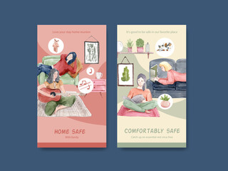 Instagram design stay at home concept with people character and interior room watercolor illustration