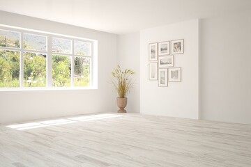 White empty room with summer landscape in window. Scandinavian interior design. 3D illustration