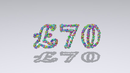 £70 written in 3D illustration by colorful small objects casting shadow on a white background