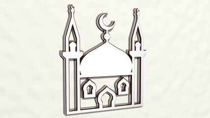 MOSQUE on the wall. 3D illustration of metallic sculpture over a white background with mild texture. architecture and building