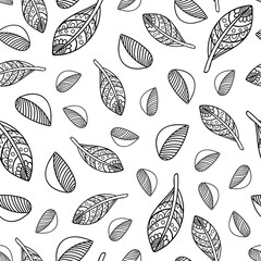 Hand-drawn outline leaves seamless pattern. Doodle children pattern. Coloring book.