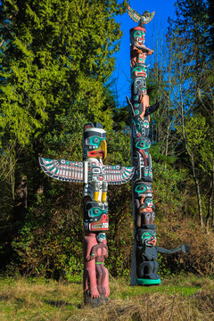 Two Totem Poles in Stanley Park Vancouver British Columbia