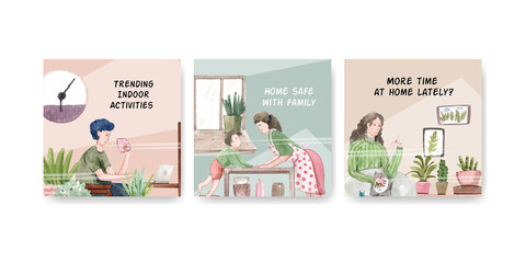 stay at home advertise concept with people character make activity  illustration watercolor design