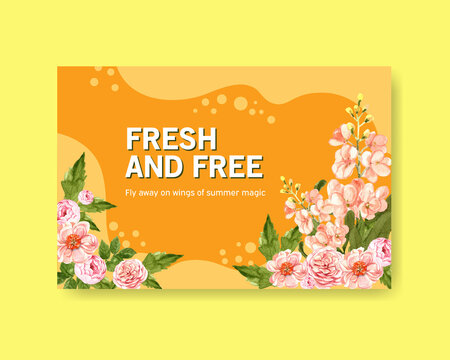 Facebook template with summer flower concept design for social media,online community and internet watercolor vector illustration