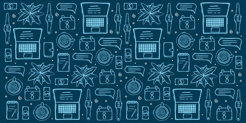 Fototapeta na wymiar Freelance hand draw doodle background with popular symbols and elements of remote work.