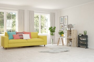 Fototapeta premium White living room with sofa and summer landscape in window. Scandinavian interior design. 3D illustration