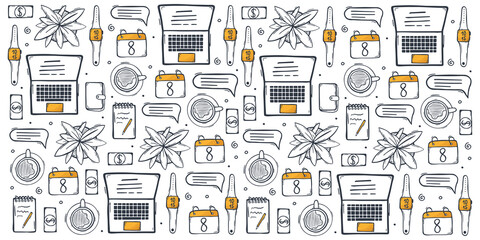 Freelance hand draw doodle background with popular symbols and elements of remote work.