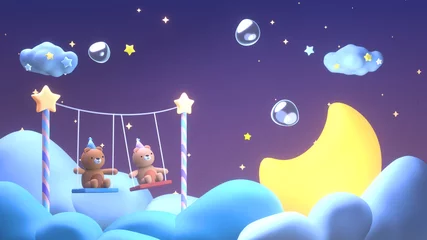 Selbstklebende Fototapeten 3d render cartoon cute bear wearing nightcap playing on swing above the clouds at night. Concept of good night and sleep tight. © tykcartoon