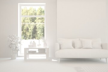 White living room with sofa and summer landscape in window. Scandinavian interior design. 3D illustration