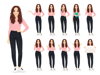 Fototapeta premium Young woman with long hair in casual style clothes set different gestures isolated vector iilustration