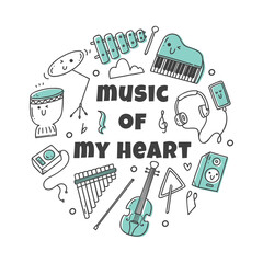 Music instrument doodle, kawaii doodle set, cute icons collection